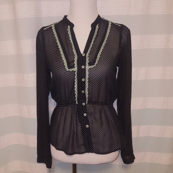 Sheer polka dot blouse with mint lace trim - Picture 1 of 3
